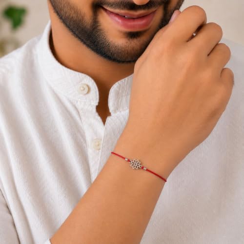 Image of AIRA 925 Sterling Silver Premium Designer Bracelet Rakhi for Brother | Handmade Raksha Bandhan Sacred Thread with Silver-Tone Geometric Charm & Adjustable Red Braided Cord | Traditional Festival Rakhi Gift