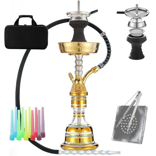 22" Hookah Set With Everything Portable Shisha Kit with Travel Case Glass Vase Silicone Bowl,Coal Tong,50 Hookah Foil,10 Hookah Disposable Tips