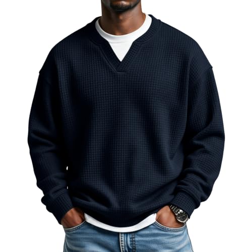 Mens Waffle Knit Layered Top Long Sleeve V Neck Casual Shirts Fall Outfits - image 1