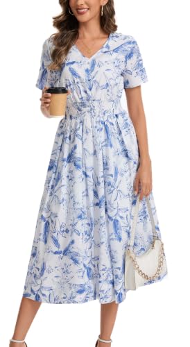 Image of Kormei Women Casual Boho V Neck 3 /4 Sleeve Smocked Waist A Line Flowy Swing Midi Dress Smocked Long Dress