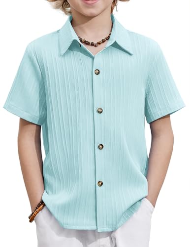 Image of Arshiner Boys Casual Short Sleeve Button Down Shirt Fashion Textured Summer Beach Shirt 3-13 Years Old