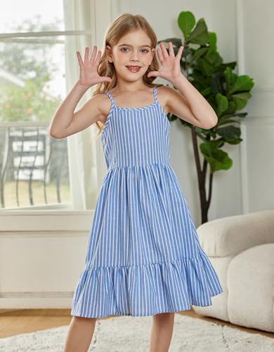Arshiner Girls Summer Dresses Kids Sleeveless Beach Linen Swing Sundress Casual Midi Dress Blue Stripes 8-9 Years thumb #2