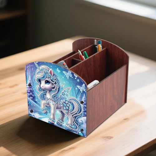 Image of Diamond Painting Wooden Desk Organizer, DIY Diamond Art Storage Box, Crystal Rhinestones Art Kit for Desktop Ornament, Jewelry Box & Pen Holder with Winter Blue Fantasy Design