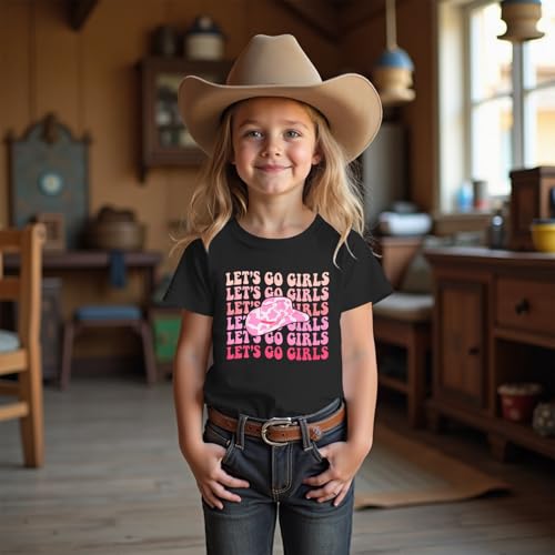 Image of MODNTOGA Toddler Girl Leopard Cowboy Hat Graphic Tshirt Retro Western Cowgirl Shirt Let's Go Girls Print Short Sleeve Tee Top