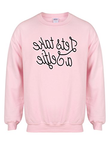 Unisex Slogan Sweater Jumper Let's Take a Selfie Mirror Writing Pink Medium with Black