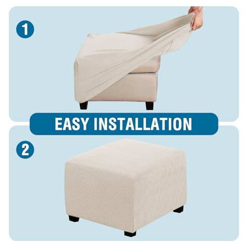 Image of H.VERSAILTEX Ottoman Cover Slipcover Rectangle Fit Length 35 inch-45 inch Footrest Sofa Slipcovers Stool Cover Footstool Protector Covers Feature Stretch Thick Soft Jacquard Fabric Washable - Natural