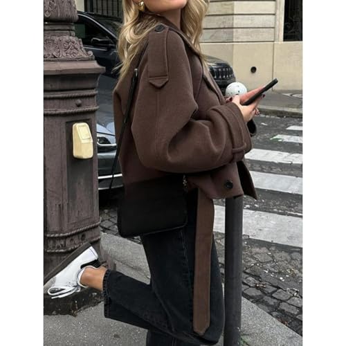Deep Brown Jacket Cropped Notch Collar Button Up Belted Oversized Long Sleeve Fall Streetwear Casual Jacket3