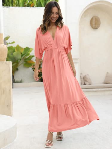 Image of DEEP SELF Women's Summer V Neck Batwing Short Sleeve Maxi Dress Casual Loose High Waist Flowy Long Beach Dress
