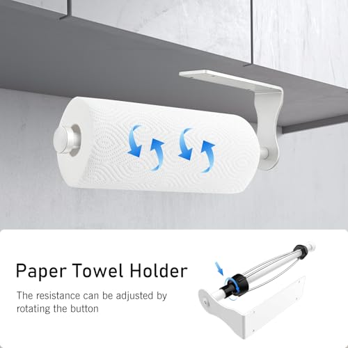 Image of SetSail Paper Towel Holder, Paper Towel Holder Under Cabinet with Adjustable Damper Easy Tear Wall Mount Self-Adhesive or Drilled for Kitchen Bathroom, White