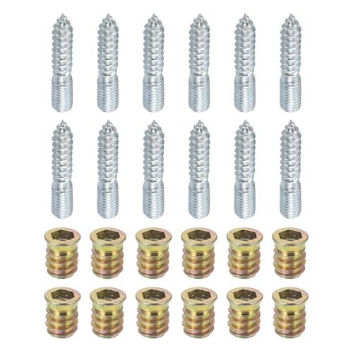 Image of uxcell M10x50mm Hanger Bolts, 12pcs 30mm Wood Dowel Screw Self-Tapping Screw with 12pcs M10x20mm Threaded Insert Nuts Interface Hex Socket Drive, for Joint Furniture Legs