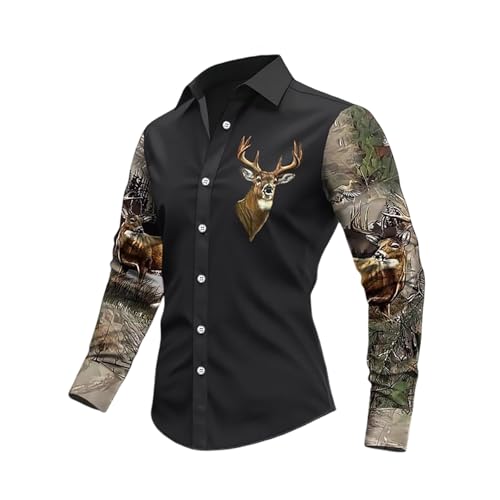 Generisch Camisa casual para hombre con mangas de contraste en estampado de camuflaje, camisa de manga larga con botones y gráfico de astas de ciervo | Camisa de caza y exterior para hombres, Estilo