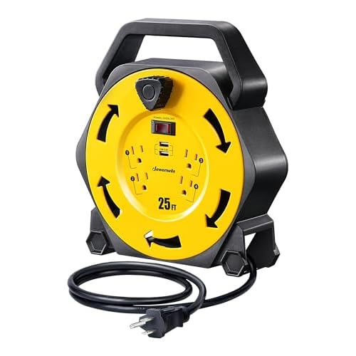 DEWENWILS Cord Reel with 4 Power Outlets, 2-USB Ports(3.4A Fast Charge), 25FT Retractable Extension Cord Reel, Heavy Duty SJTW 16/3 Cable, 13A Circuit Breaker, Hand Wind, UL Listed Usb With