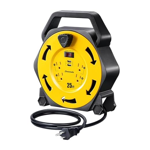 DEWENWILS Cord Reel with 4 Power Outlets, 2-USB Ports(3.4A Fast Charge), 25FT Retractable Extension Cord Reel, Heavy Duty SJTW 16/3 Cable, 13A Circuit Breaker, Hand Wind, UL Listed