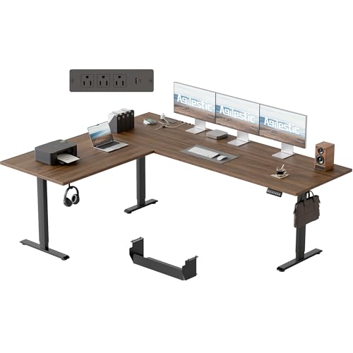 Image of Agilestic 75 x 61 Inch L Shaped Standing Desk with Powerstrip, Dark Walnut