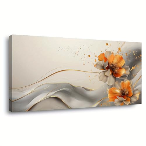 Tableau abstrait Floraison dorée-orangée 80x160cm avec cadre intérieur pour salon