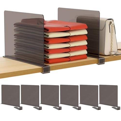 Image of HBlife 6 Pack Grey Shelf Dividers, Vertical Purse Organizer for Closet Perfect for Sweater, Shirts, Handbags in Bedroom and Kitchen, Adjustable Acrylic Bookshelf for Organization