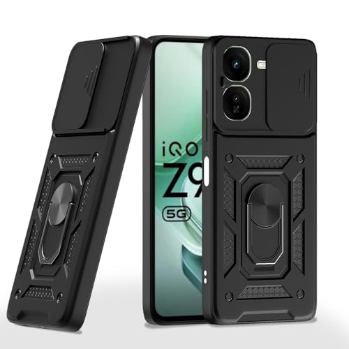 Image of Pikkme D10 Tough Armor Bumper Case | 360 Protection Case | Sliding Camera Shield Cover & Ring Holder Stand Back Cover for iQOO Z9X 5G (Black)