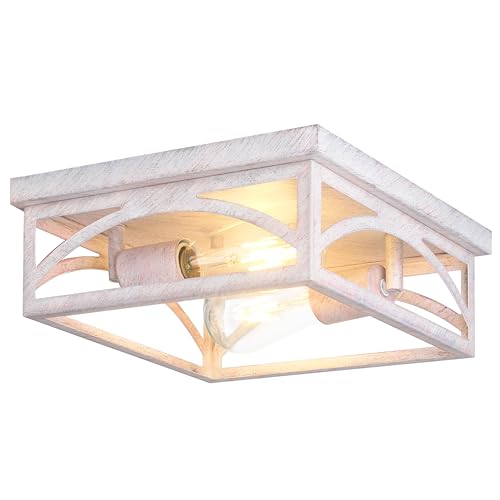 Rustic Flush Mount Ceiling Light Fixture, Farmhouse Close to Ceiling Light Fixture for Hallway Porch Bedroom, Kitchen Lights Ceiling, 1 Pack, White, Hand-Finished Wood-Look