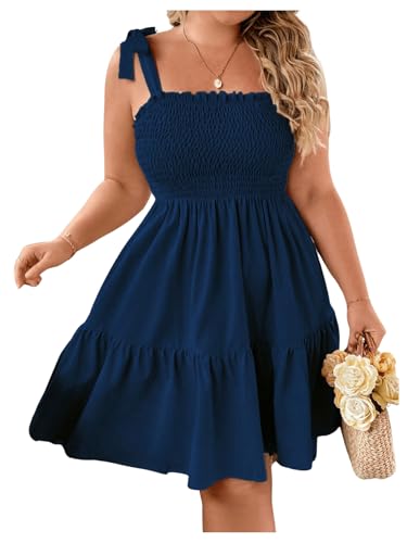 Image of Floerns Women's Plus Size Summer Knot Tie Shoulder Ruffle Straps Flounce Flowy Smocked Sundress Shorts Dress