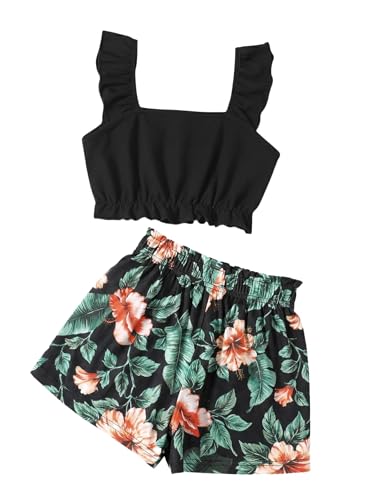 Image of Girl's Summer Clothing Sets Knit Ruffle Striped T-Shirt and Shorts 2 Piece Outfits