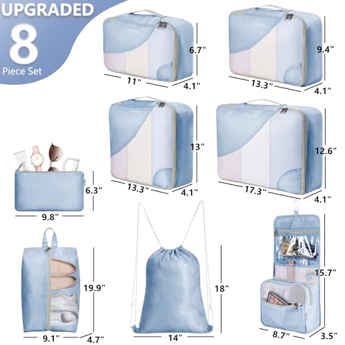 Image of 8 Set Packing Cubes for Travel, Gifts for Women Mom,Anti-Tearing Suitcase Organizer for Luggage with Shoe & Hanging Toiletry Bag,OlarHike Vacation Essentials & Accessories for Cruise Ship,Blue