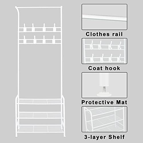 Innotic Coat Rack Stand with Shoe Rack and Removable 16 Hooks Free Standing Hall Tree Matte Steel Frame Hat Rack Coat Stand for Storage, White