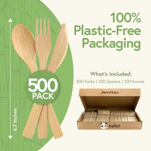Jenvita 100% Bamboo Cutlery Set - 500 Biodegradable Utensils (300 Forks, 100 Knives, 100 Spoons) - Reusable or Disposable Bamboo Flatware | Compostable FSC Certified Utensils for Weddings & Parties by Jenvita - Image 3