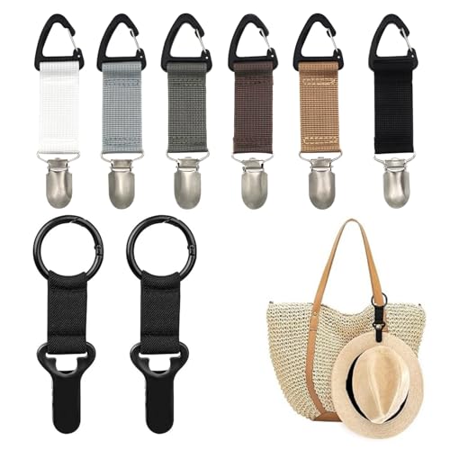 QIYUDA 8 pcs Elastic Hands Free Hat Clip for Travel on Bag, Quick Access and Removal Hat Holder, Outdoor Travel Clip Black,Grey