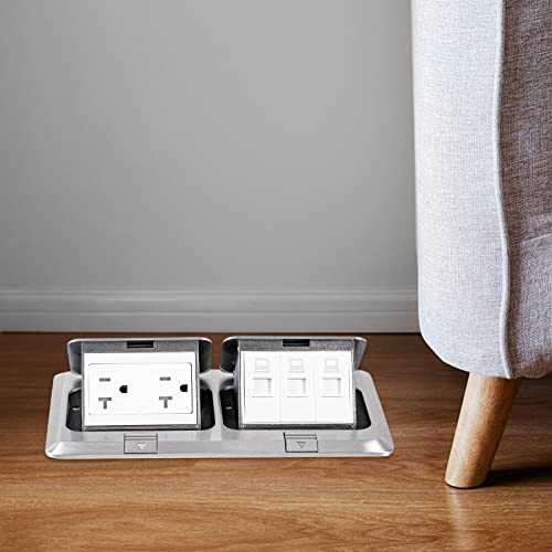 Pop Up Floor Outlet Electrical Kit - Dual Floor Box with 2 x 20A Jacks and 3 x LAN Ports for Countertops, Living Rooms, Offices