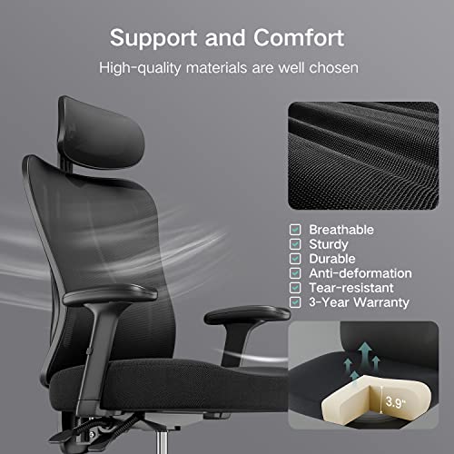 Hbada Ergonomic Office Chair With Adjustable Lumbar Support, Desk Chair For Big And Tall People With Adjustable Headrest, Swivel Computer Chair With Pu Wheels, Backrest Tilt And Lock Any Angle Black #TOP6