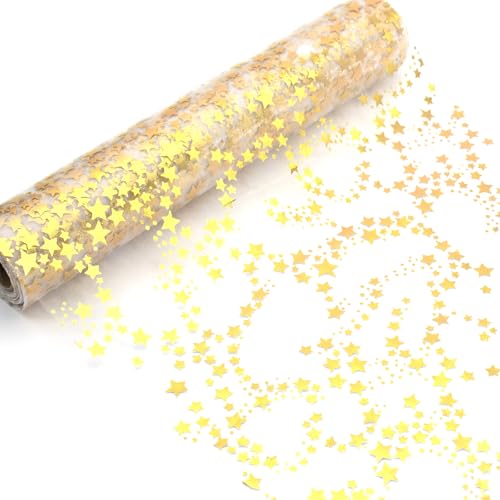 YUNSHANGHE Camino de Mesa de Organza, 28 cm x 10 m, diseño de Estrellas, Color Dorado, Transparente, Elegante decoración de Mesa para Navidad y Adviento, decoración Festiva para Ocasiones Especiales