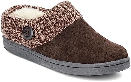 Clarks Womens Slipper Suede Leather Knitted Collar Clog Slippers - Plush Faux Fur Lining (Brown Premium Suede, 7) | Image 1