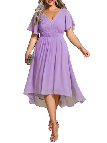 Image of Ever-Pretty Plus Summer Short Sleeves V-Neck Formal Wedding Guest Dresses for Curvy Women Chiffon Midi Cocktail Party Dress