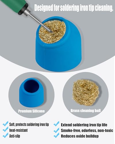 Kaisi Soldering Iron Tip Cleaner,Non-slip Silicone Holder Solder Brass Tip Cleaner Kit for Cleaning Soldering Stations,Soldering Irons Tips,With 3 solder sponge Brass Cleanr Balls (Blue)
