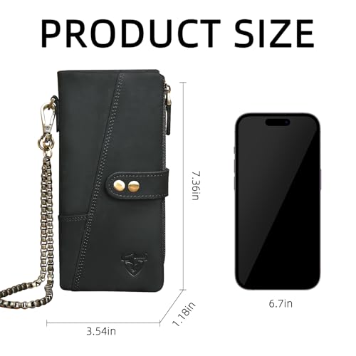 Image of Genuine Crazy Horse Leather Travel Gift Coin Pocket Card Case Long Organizer Chain Rfid Wallet Purse With Snap For Men Male 1803 1815 (1803 The Black2)