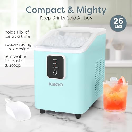 Image of Igloo Portable Ice Maker with Scoop & Basket- Ice Maker with LED Control Panel & 1 Quart Water Tank- Ice Cube Maker Produces 26 Lbs Of Ice In 24 Hours with 8 Large or Small Cubes In 7-8 Minutes - Aqua