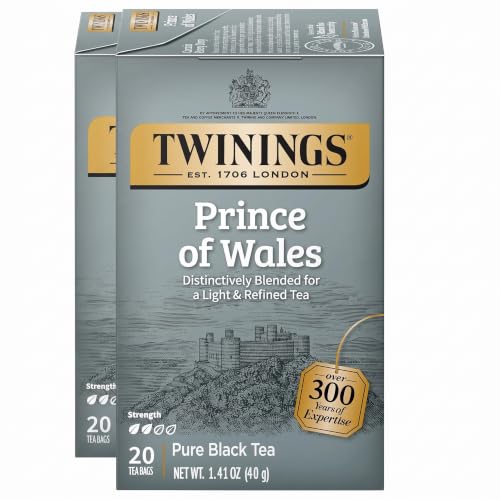 Twinings Prince of Wales Black Tea Individually Wrapped Bags, 20 Count (Pack of 2), Velvety Smooth &amp; Mild, Caffeinated, Enjoy Hot or Iced, 20 Teabags