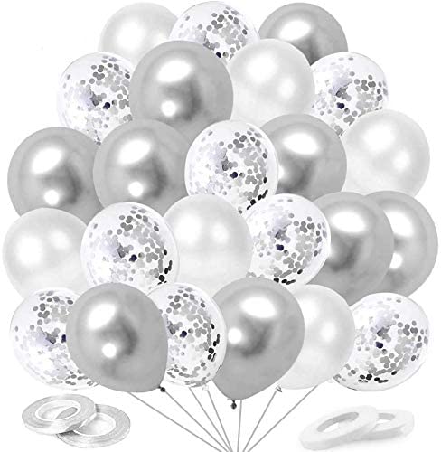 Ballon Argenté, 60 Pièces Confettis Ballons Argenté Helium, Ballon de Baudruche Argenté Blanc Métallique Ballons pour Mariage,Anniversaire, Baby Shower, Diplôme, Cérémonie Décorations de Fête