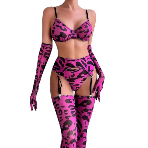 SINROYEE Damen Strumpfband Dessous Set für Frauen Sexy Strappy Bügel Korsett Push Up BH Club Outfit für Frauen, Lila Leopardenmuster, Large