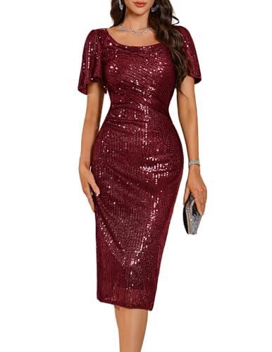 BeryLove Womens Sequin Formal Cocktail Dress Sparkly Ruffle Sleeves Modest