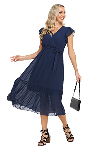 Image of VintageClothing Womens Sundress Casual Floral Summer Boho Dress | Flowy Wrap V Neck Ruffle A-Line Pleated Hem Midi Dresses
