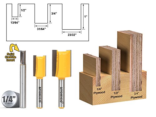 Yonico 14323Q Router Bits Set Dado Straight Bit Undersize Plywood 3 Bit 1/4-Inch Shank 14323Q thumb #1