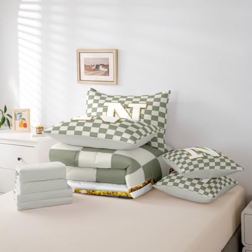 Image of Erosebridal Sage Green Checkered Full Comforter Set with Sheets 7 Piece Plaid Initial N Bed in A Bag Personalized Monogram Bedding Sets for Kids Adults,Fashion Grids Gingham Bed Set