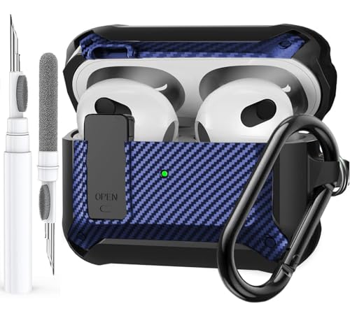 Image of Olytop for Airpods 3rd Gen Case with Lock 2021, Rugged Apple Airpods 3rd Generation Case Men Women, Armor Shockproof iPod 3rd Gen Case Protective Hard Shell with Carabiner&Cleaner kit, Black /Blue