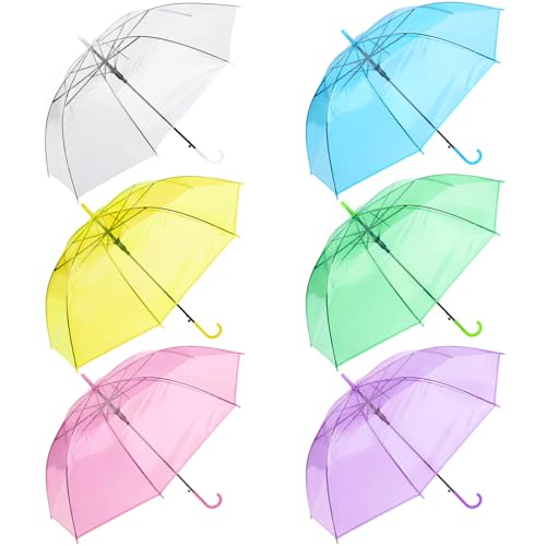 Clear Umbrella Bulk Cute Colorful Transparent Stick Rain Umbrellas Windproof Waterproof with J Hook Handle for Wedding Guests Bride Groom Photography Daily Use Family Friend Gift (6 clear 6 colors)