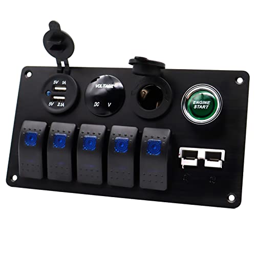 Disscool 5 Gang Switch Panel With Automatic Reset Horn 12V/24V, 5 Position Toggle Switch Engine Start Anderson Dual Usb Charger With Digital Display Voltmeter For Car Trailer #TOP1