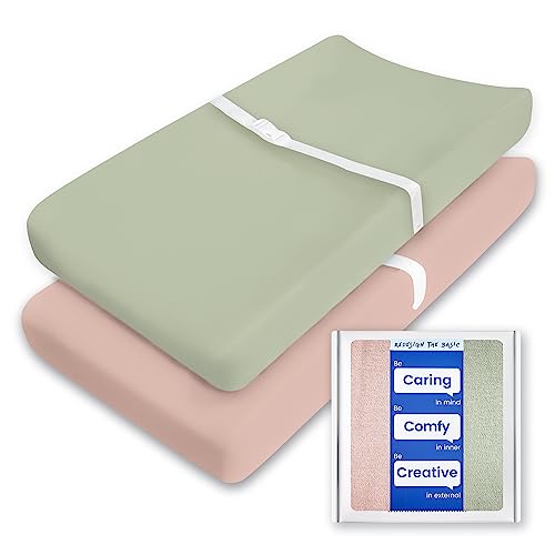 Image of Changing Table Sheets - TotBasic Premium Soft Pink Diaper Changing Pad Cover, Ultra Stretchy Green Changing Table Cover - Suit for Baby Boy and Baby Girl, 2 Pack (Sage + Blush)