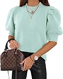 Women's Puff Short Sleeve Sweater Tops 2025 Spring Summer Trendy Crew Neck Casual T Shirts Blouses Mint Green