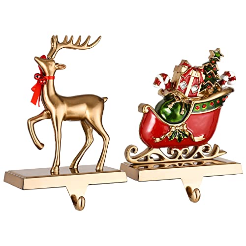 Set Of 2 Reindeer And Sleigh Christmas Stocking Holder For Fireplace Metal Christmas Stocking Hangers For Mantle Stocking Hooks For Fireplace Free Standing Xmas Mantel Decor (Antique Gold Reindeer) #TOP8
