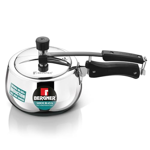 Image of Bergner Shouraya Triply Stainless Steel 1.5 Litres Inner Lid Pressure Cooker, Belly Shape, Faster and Even Heat Distribution, Healthy Cooking, ISI-Certified - Induction and Gas Stove Ready